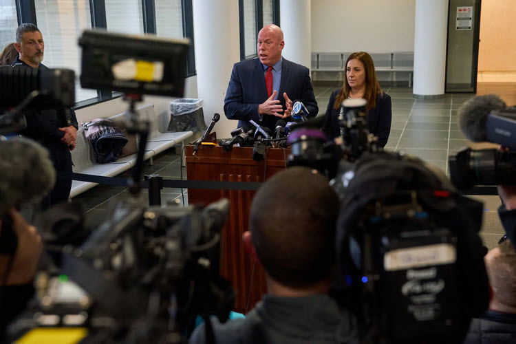 At an April court hearing, Michael Brown, Rex Heuermann’s lawyer, suggested that the real killer in the Gilgo case might have eluded arrest years ago when the investigation was being run by James Burke, a former Suffolk County police chief.Credit...Bing Guan for The New York Times