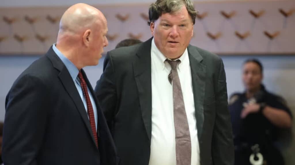 Alleged serial killer Rex A. Heuermann appears in Judge Tim Mazzei’s courtroom at Suffolk County Court in Riverhead on Thursday. Credit: Newsday/James Carbone